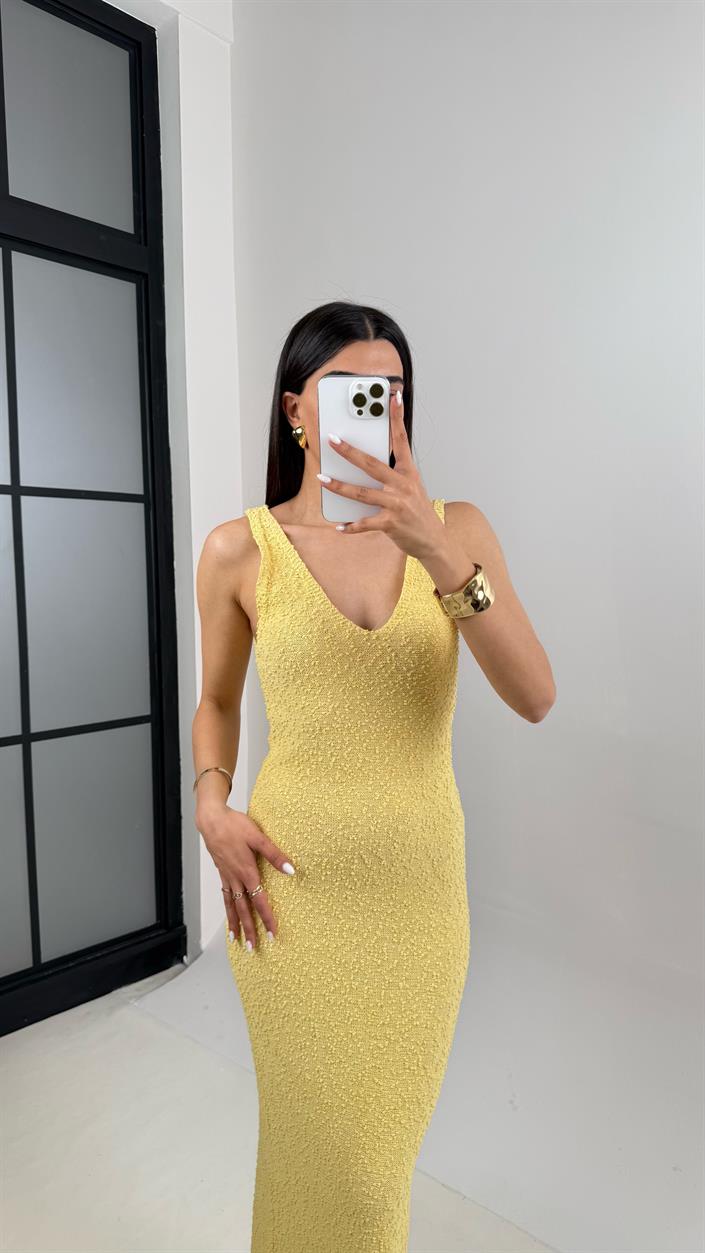 Sarı V Yaka Askılı Triko Elbise Gaus00412