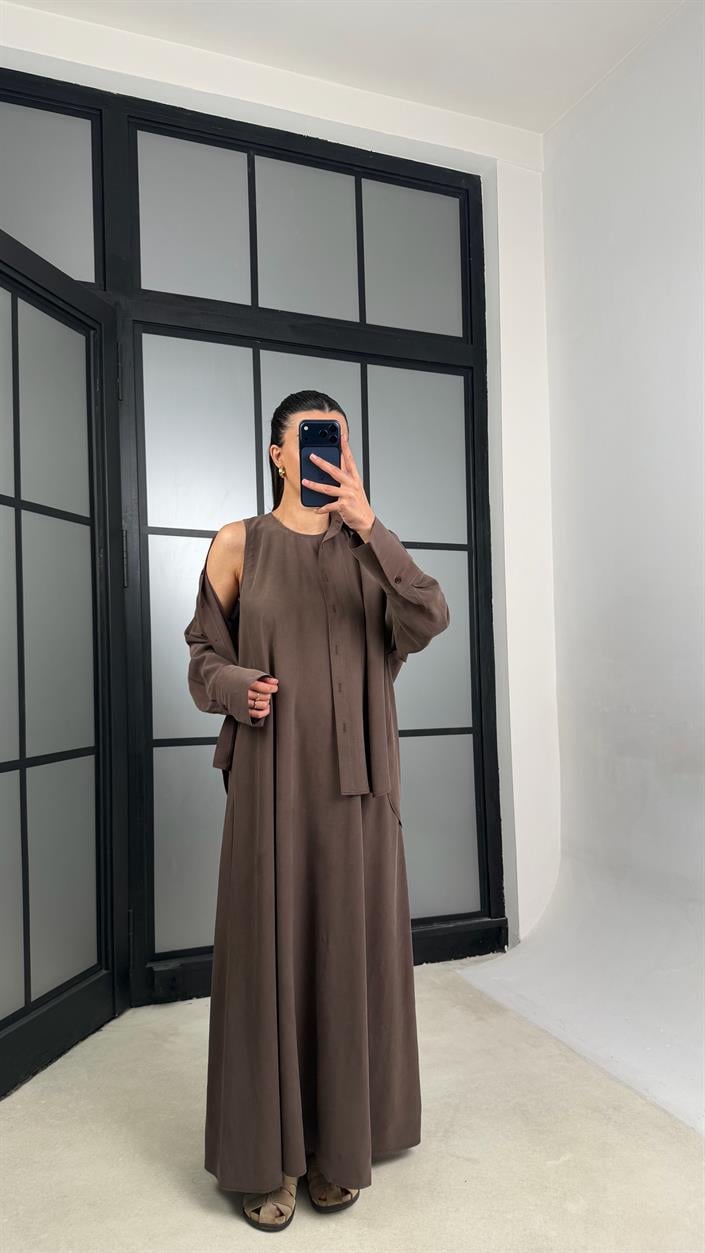 Kahve Gömlek Elbise Oversize İkili Tencel Takım GAUS-01423