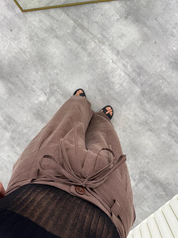 Kahve Kuşaklı Tensel Kırışık Kumaş Palazzo Pantolon Gaus00302