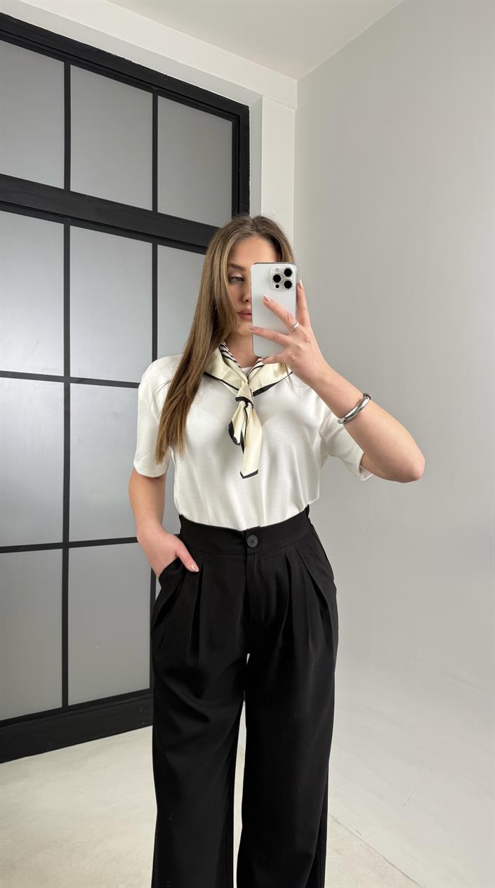 Siyah Beli Lastikli Pile Detaylı Tencel Pantolon GAUS-00995