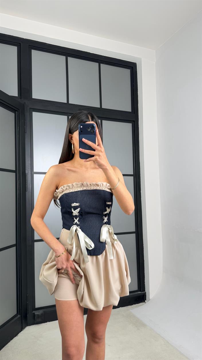 Lacivert Denim Korse Şortlu Balon Etek Takım GAUS-01433