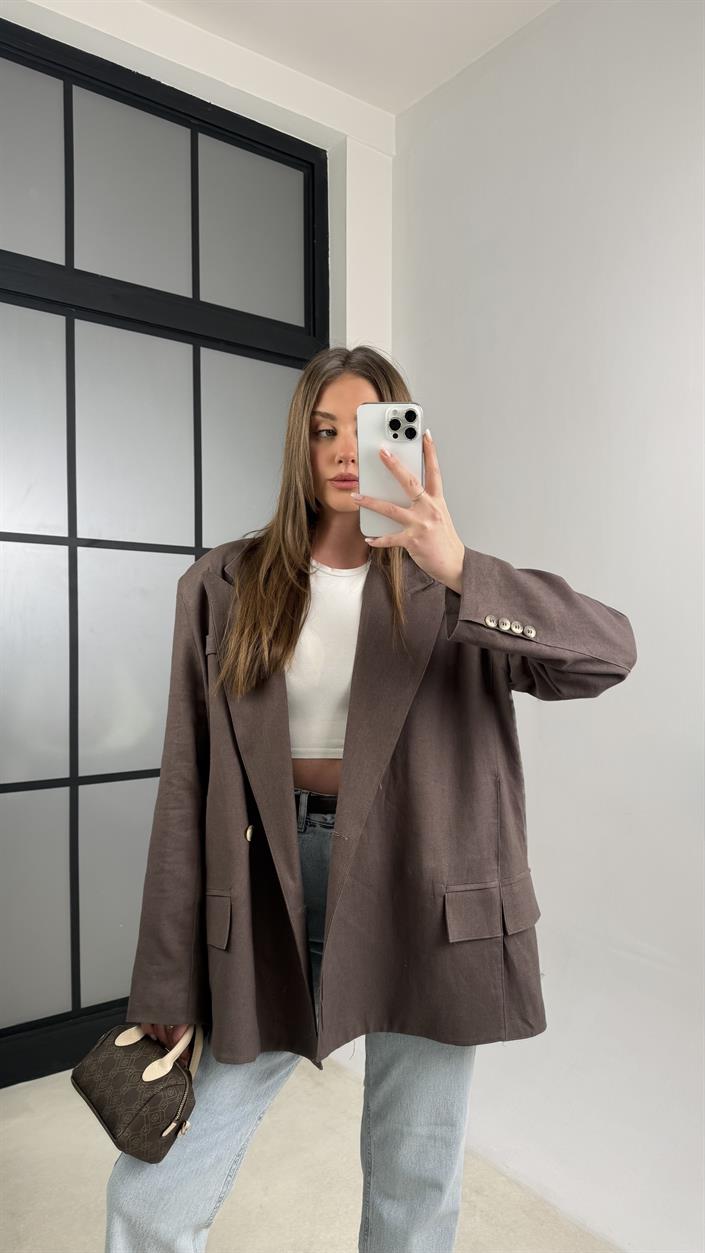 Kahve Keten Blazer Premium Ceket GAUS-01115