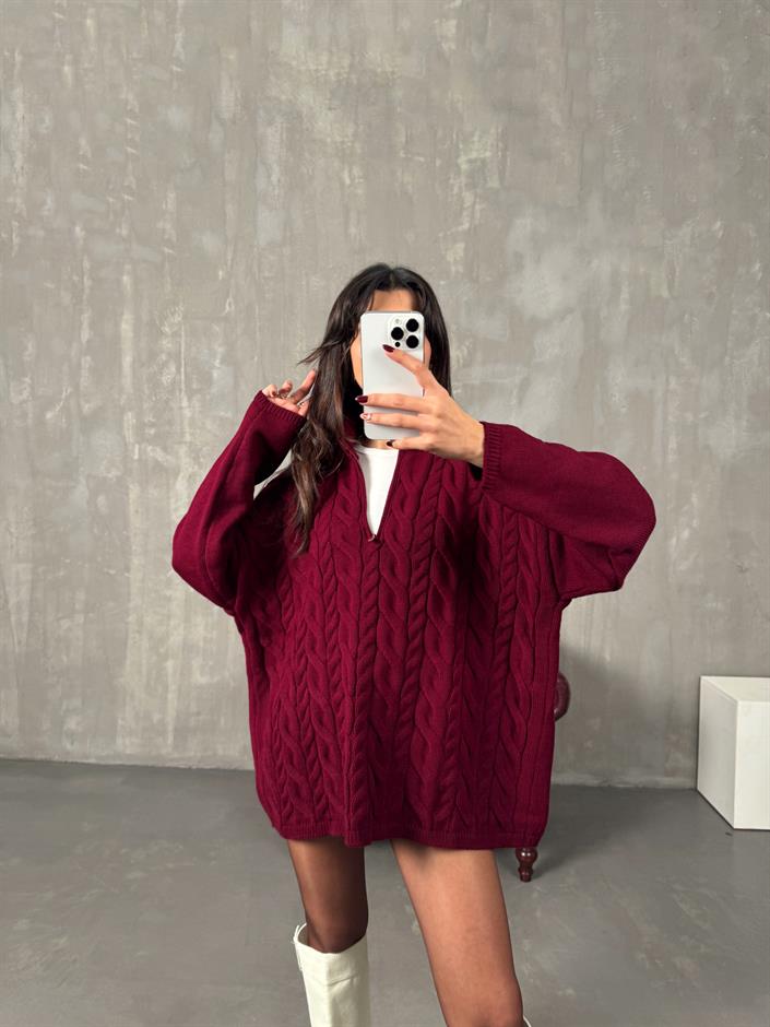 Lipsi Bordo Örgü Detaylı Fermuarlı Oversize Kazak