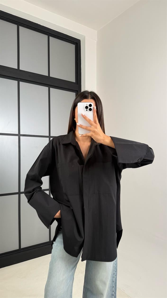 Siyah Gizli Düğmeli Kol Katlamalı Poplin Gömlek GAUS-00449