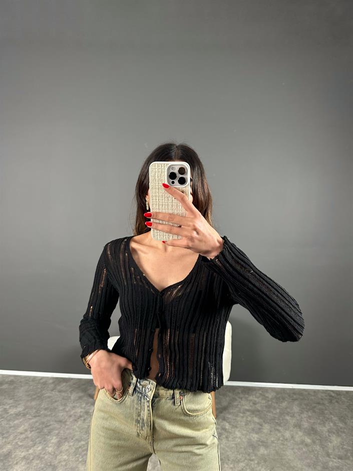 Siyah Ajurlu Crop Hırka