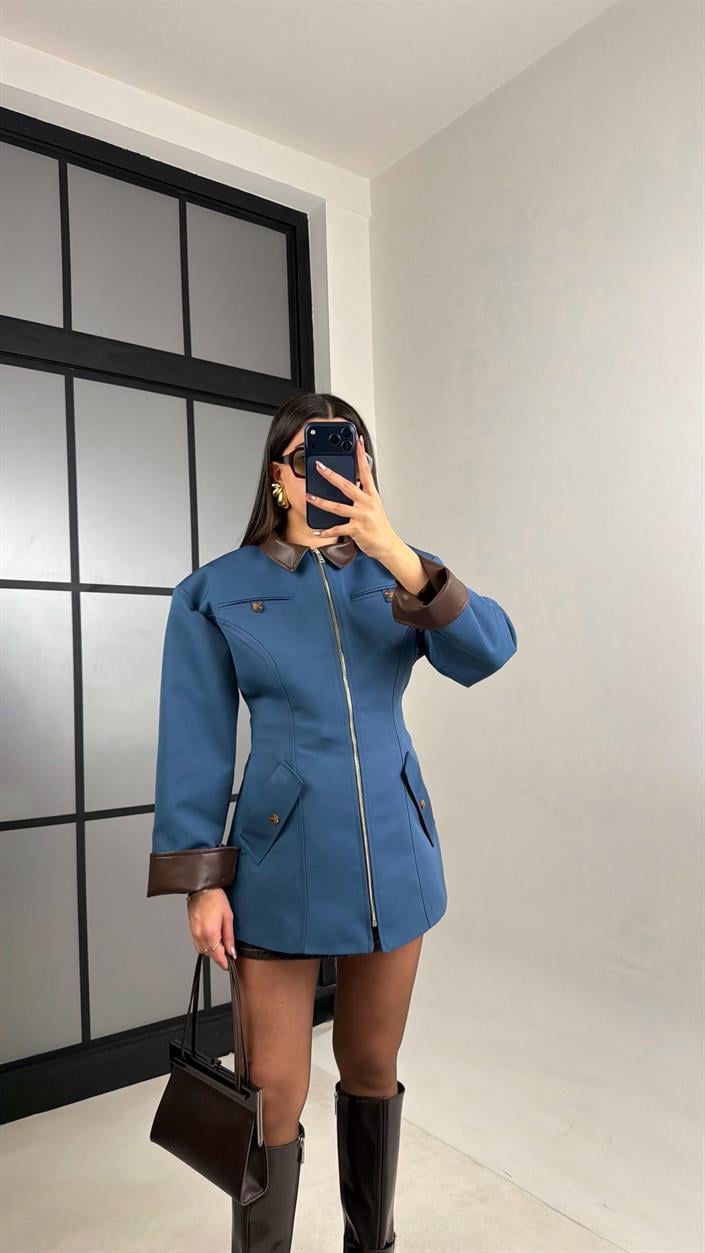 Mavi Deri Yaka Detaylı Astarlı Vatkalı Premium Ceket gaus-01027