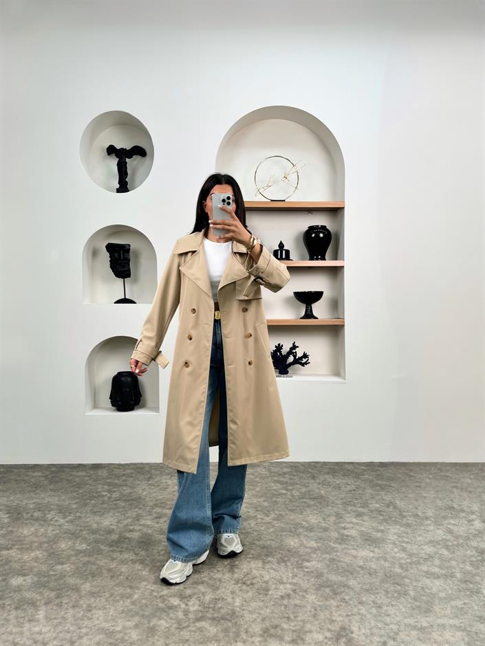 Hana Taş Premium Kemerli Astarlı Muadil Trençkot