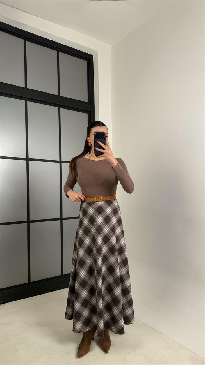 Kahve Ekose Desenli Etek GAUS-00768