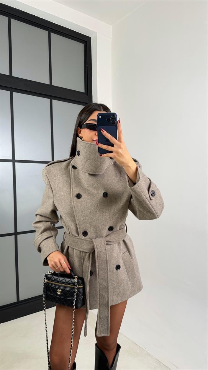 Vizon Dik Yakalı Vatkalı Kuşaklı Kaşe Kaban GAUS-00704