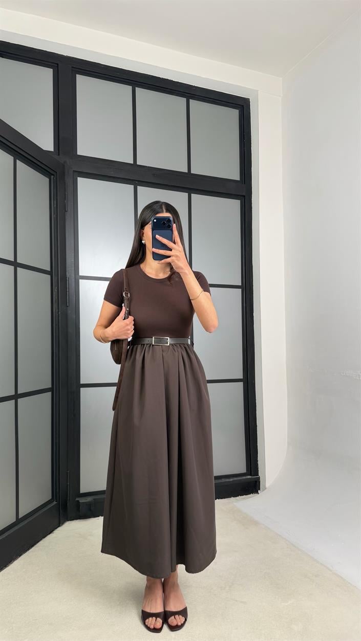 Acı Kahve Kısa Kol Beli Lastikli Kemerli Elbise GAUS-01246