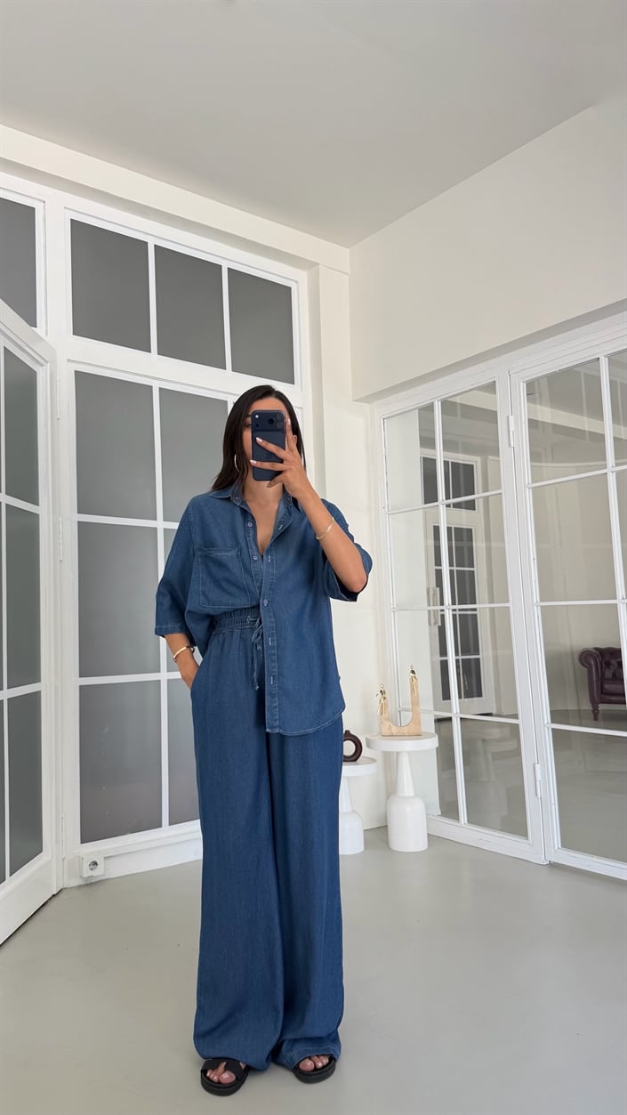 Koyu Mavi Gömlek Beli Lastikli Pantolon İkili Tencel Denim Takım GAUS-01791
