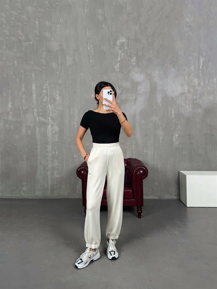 İsolde Ekru Paça Lastikli Premium Modal Kumaş Pantolon