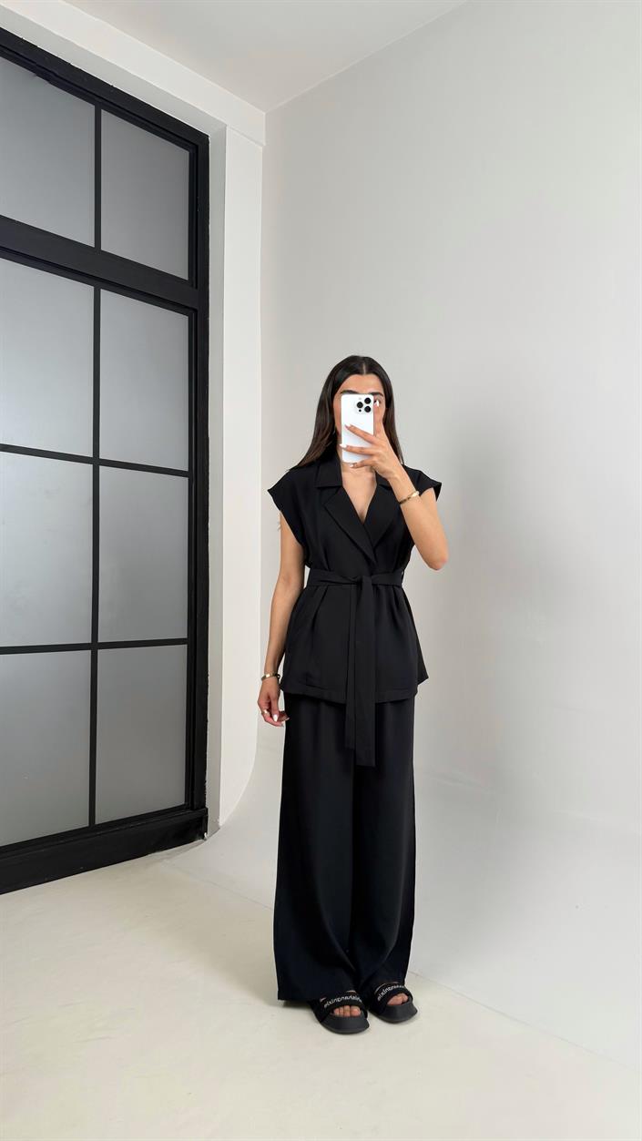 Siyah Cepli Kuşaklı Yelek Beli Lastikli Pantolon Tencel Takım Gaus00433