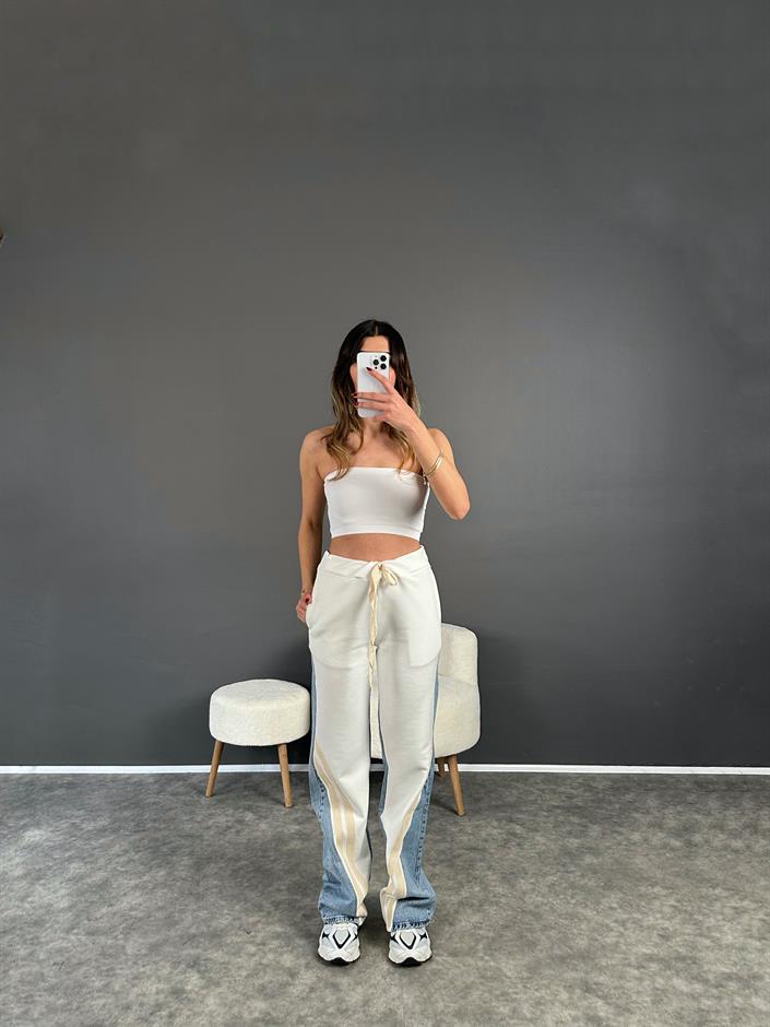 Premium Beyaz Jean Şerit Detaylı Pantolon 