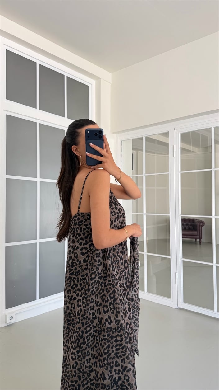 Leopar Fularlı Ayarlanabilir Askılı Astarlı Elbise GAUS-01682