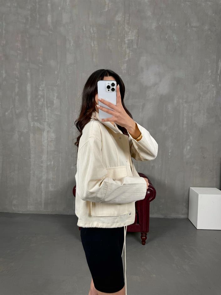 Ekru Çıtçıt Düğmeli Gabardin Ceket