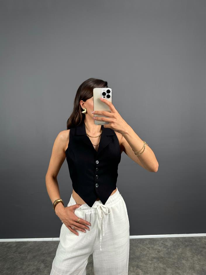 Dios Siyah ZR Model Sırt Dekolteli Astarlı Crop Yelek 