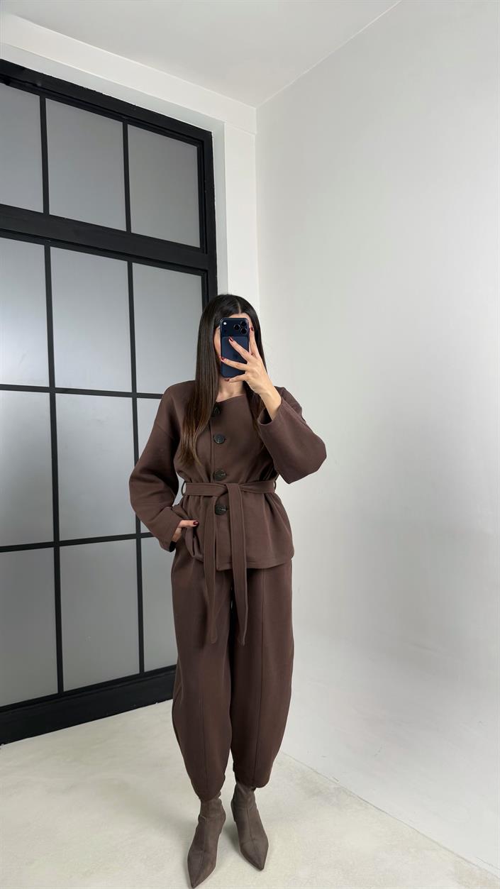 Kahve Düğmeli Kuşaklı Ceket Beli Lastikli Şalvar İkili Premium Selanik Takım GAUS-00777