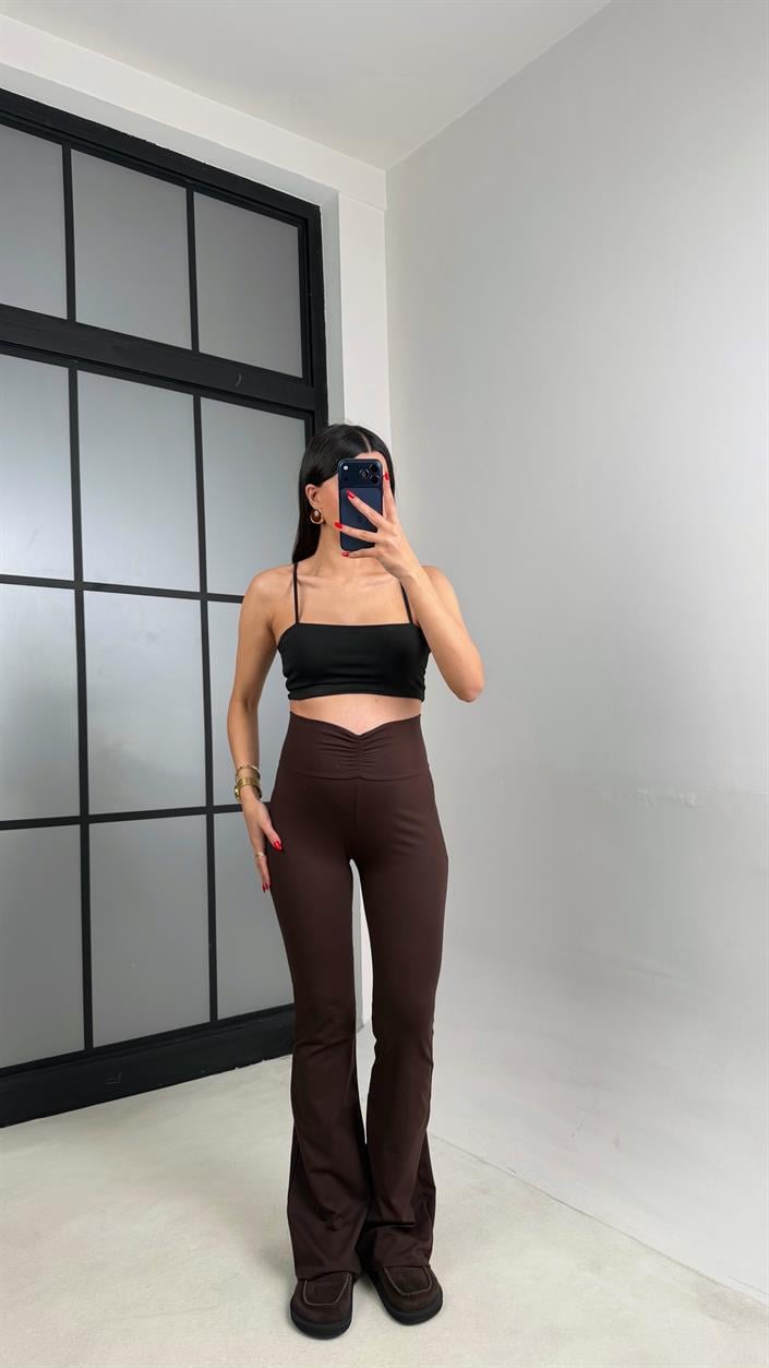 Kahve Drape Detaylı İspanyol Paça Tayt GAUS-01045