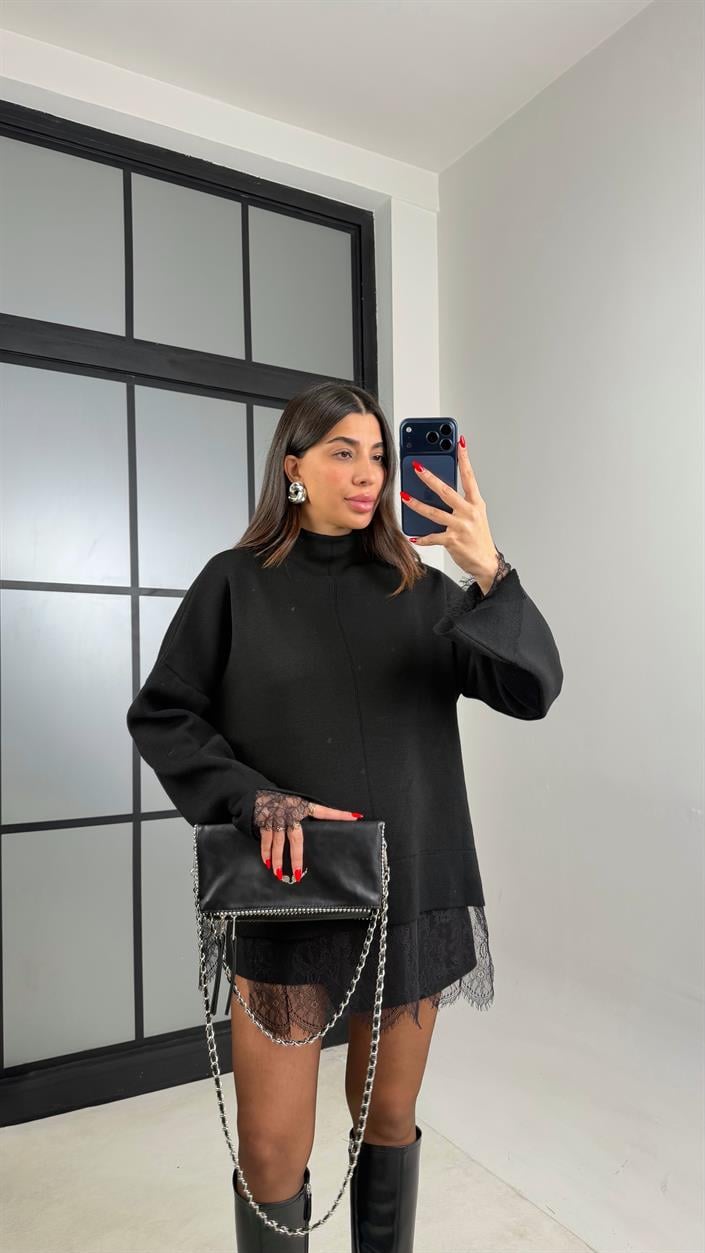 Siyah Dantel Detaylı Triko Kazak GAUS-01055