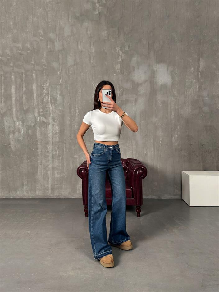 Chest Orta Mavi Paça Detaylı Wide Leg Jean