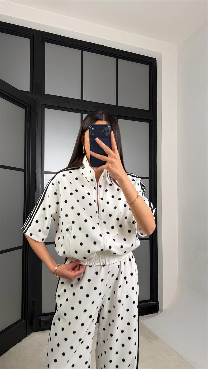 Beyaz Ceket Beli Lastikli Pantolon Puantiye Desenli Tasarım Takım GAUS-01432