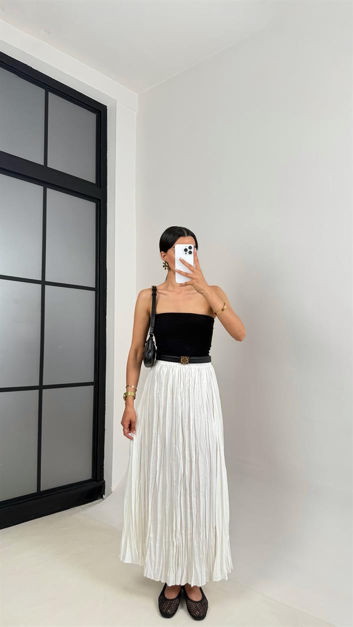 Beyaz Kırışık Kumaş Maxi Boy Tencel Etek Gaus00552