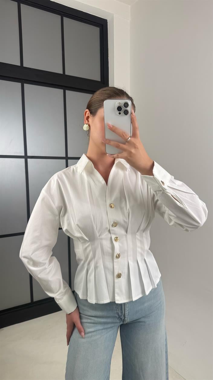 Ekru Gold Düğmeli Pileli Gömlek GAUS-00465