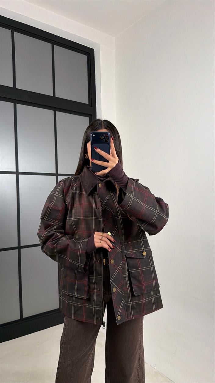 Kahve Kadife Yakalı Ekose Desenli Astarlı Ceket GAUS-00736