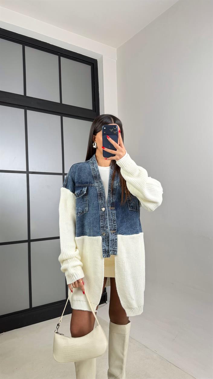 Ekru Denim Detaylı Triko Hırka GAUS-01002