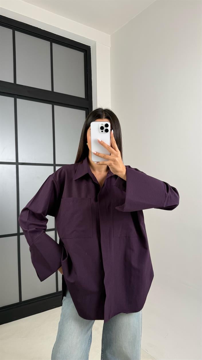 Mürdüm Gizli Düğmeli Kol Katlamalı Poplin Gömlek GAUS-00449