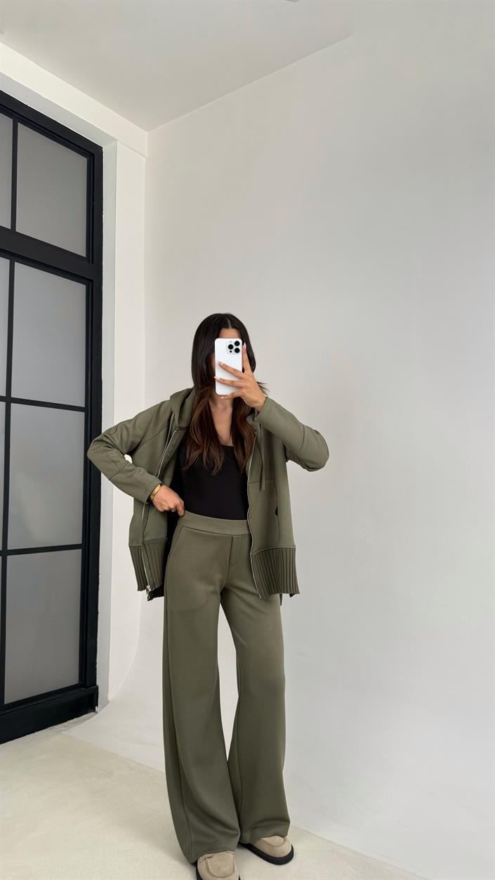 Haki Kapüşonlu Hırka Beli Lastikli Pantolon İkili Premium Takım GAUS-0075