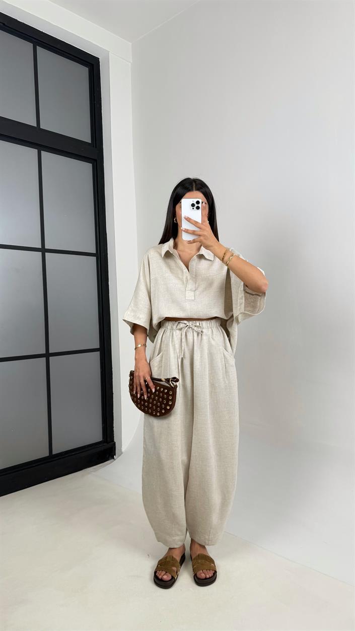 Taş Polo Yaka Yarasa Kol Bluz Şalvar Pantolon Md Muadil Premium Keten Takım Gaus00542