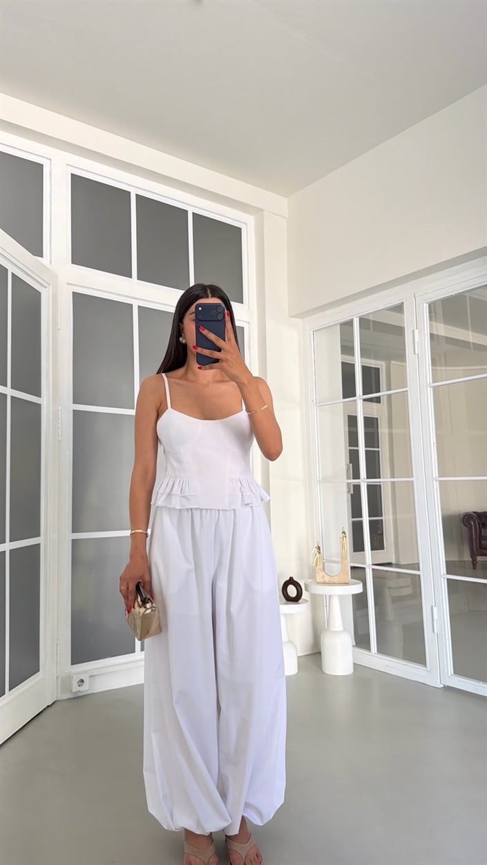 Beyaz Ayarlanabilir Askılı Korse Beli Lastikli Şalvar Pantolon Takım GAUS-01839