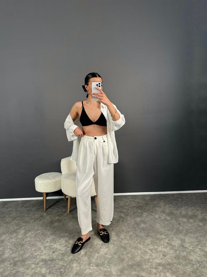 Premium Beyaz Keten Düğme Detaylı Pantolon 