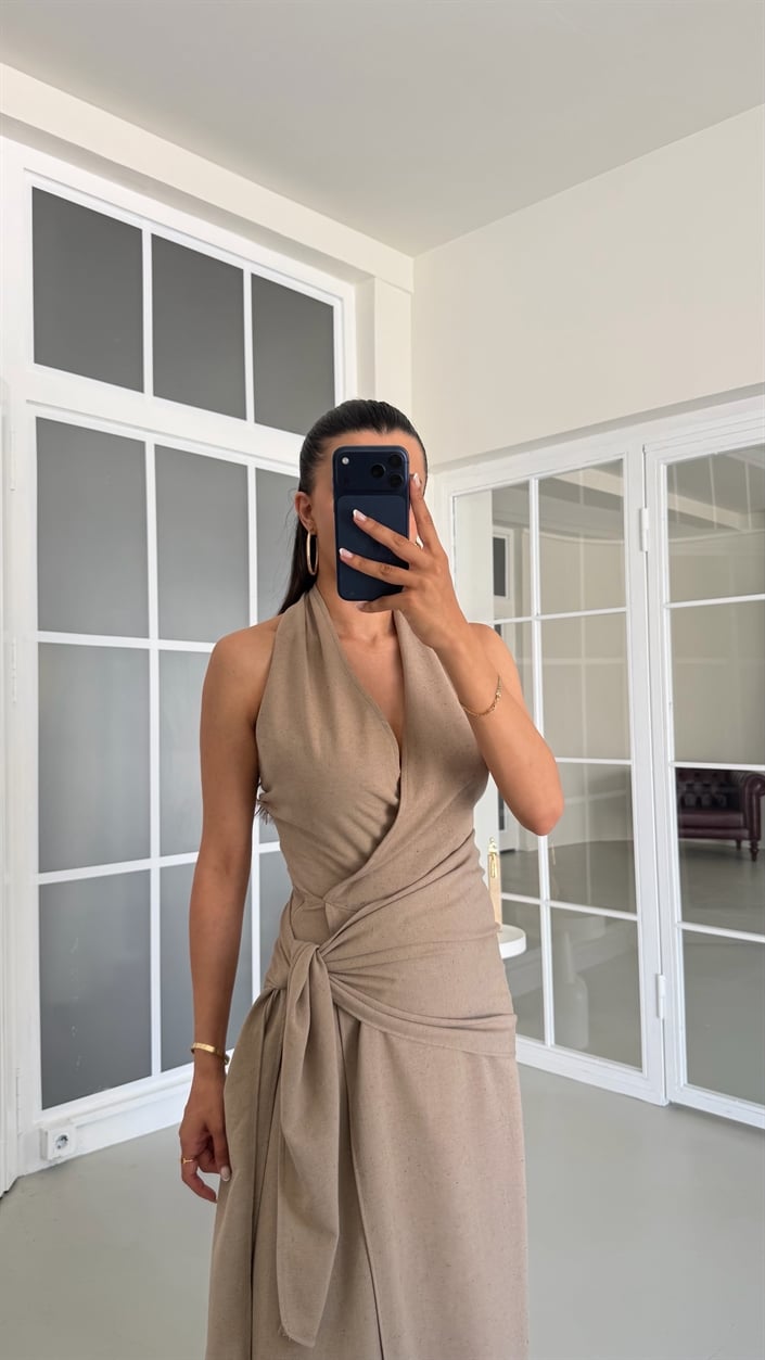 Vizon Halter Yaka Bağlama Detaylı Premium Keten Elbise GAUS-01672