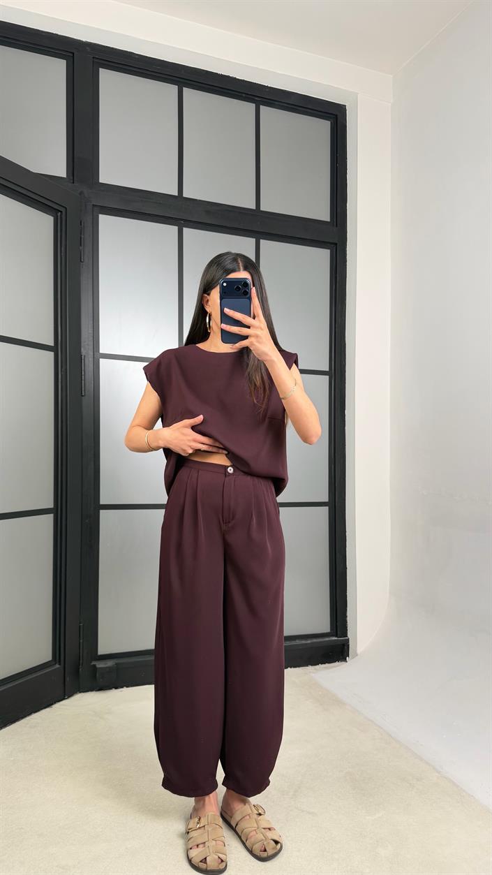 Mürdüm Vatkalı Bluz Beli Lastikli Pantolon Krep Kumaş Takım GAUS-01485