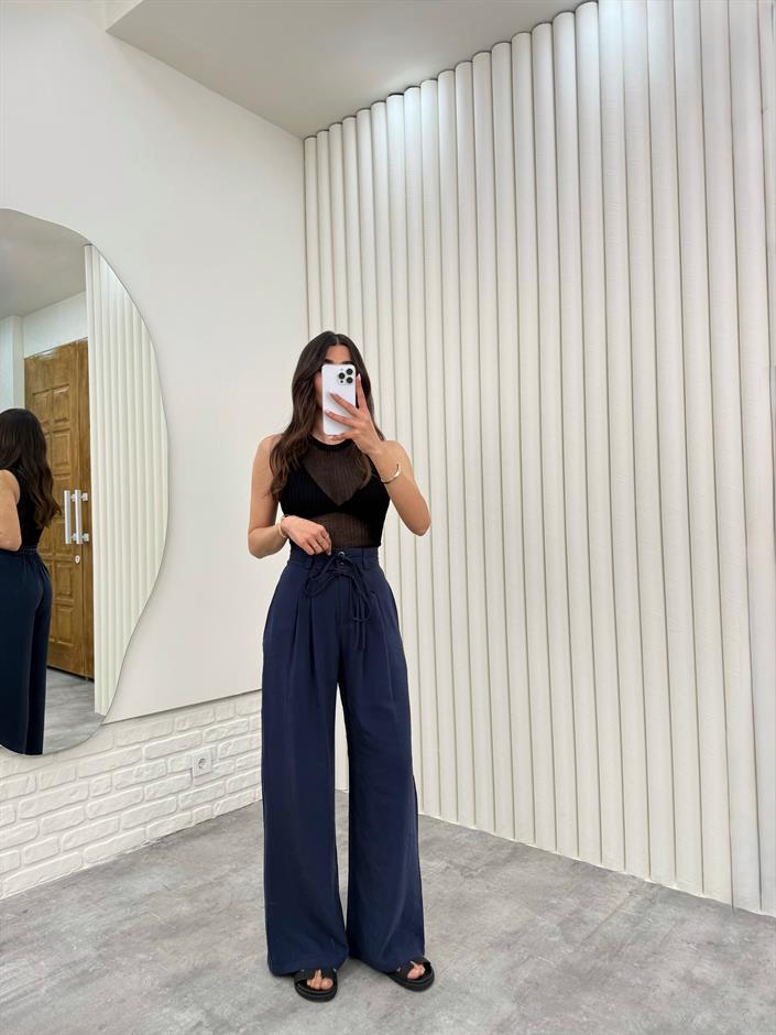 Lacivert Kuşaklı Tensel Kırışık Kumaş Palazzo Pantolon Gaus00302