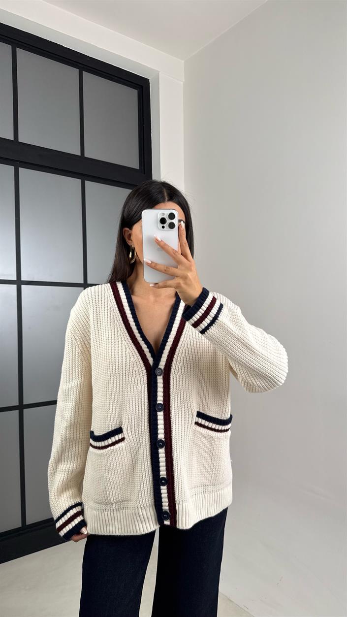 Ekru Şerit Detaylı Örgü Triko Hırka GAUS-00536