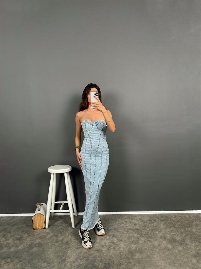 Straplez Fermuarlı Light Blue Denim Elbise