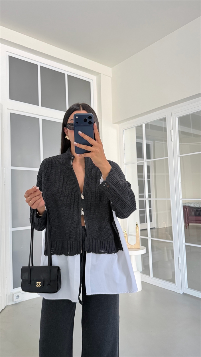 Antrasit Gömlek Detaylı Örme Hırka Beli Lastikli Cepli Pantolon İkili Triko Takım GAUS-02132