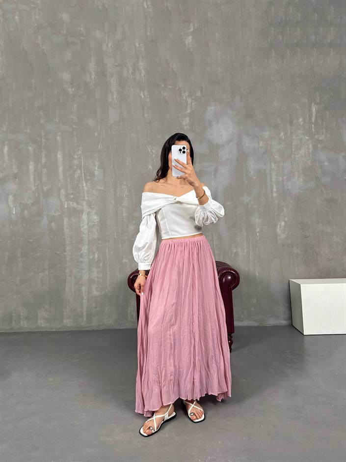 Pembe Kırışık Tül Detaylı Astarlı Etek Gaus00052