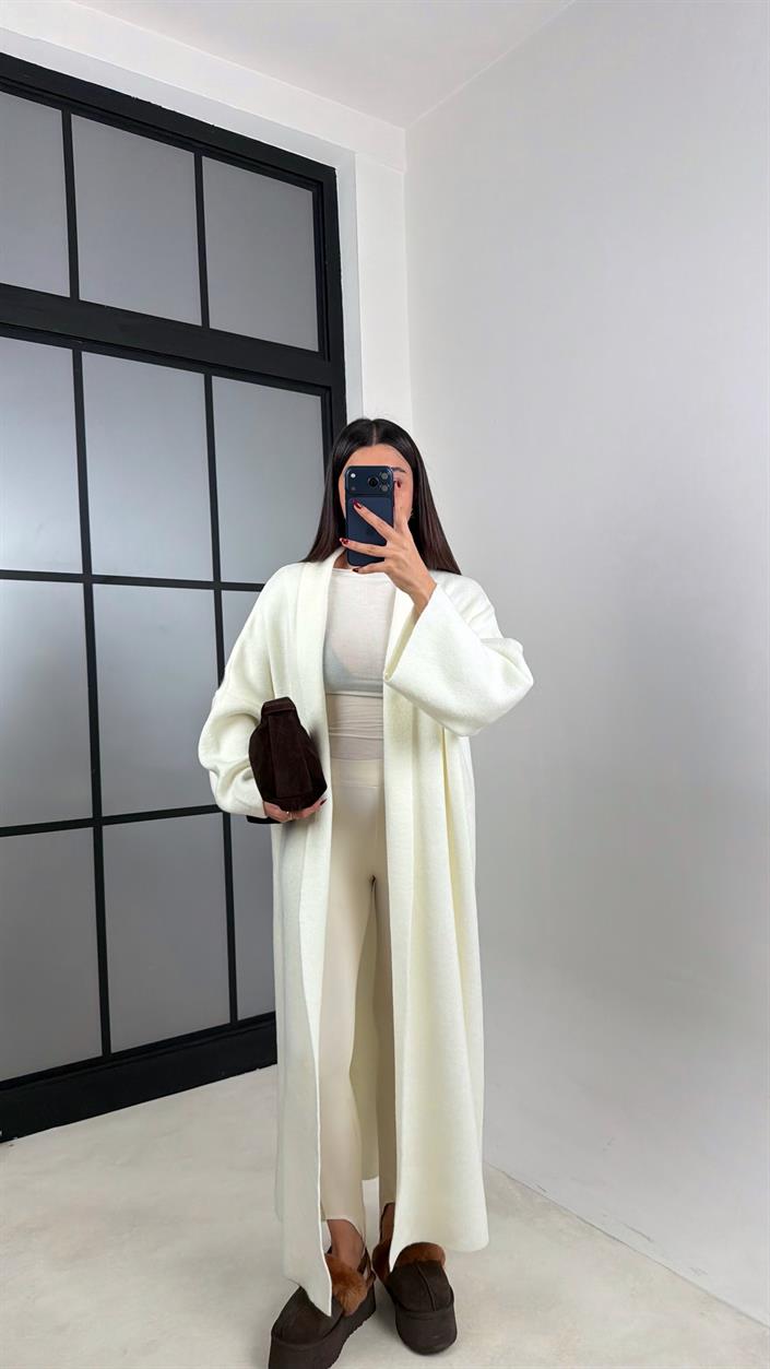 Ekru Oversize Maxi Boy Triko Hırka GAUS-00728