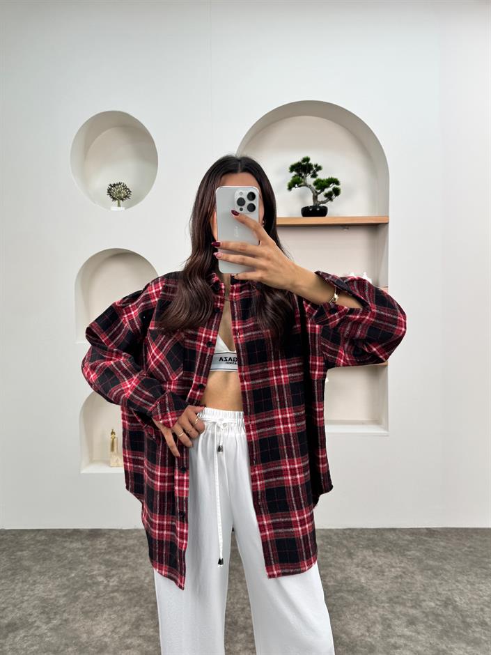 Raga Kırmızı Kareli Kaşe Oduncu Oversize Gömlek
