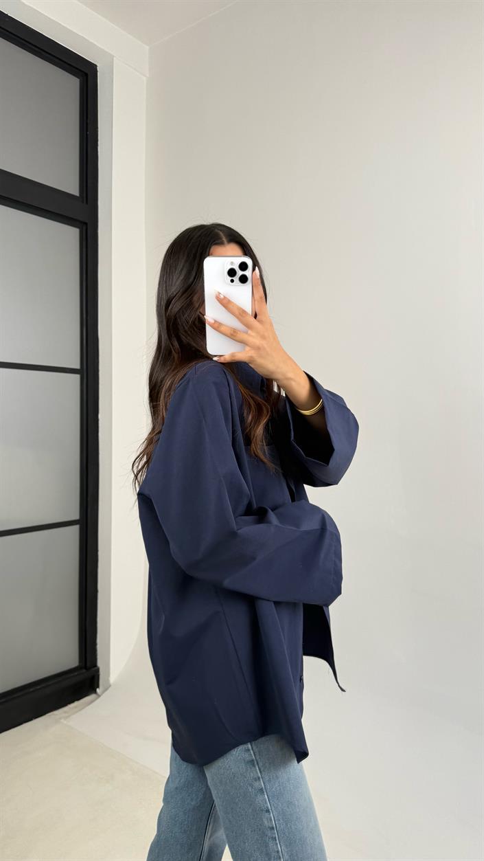 Lacivert Oversize Cep Detaylı Poplin Gömlek GAUS-0072