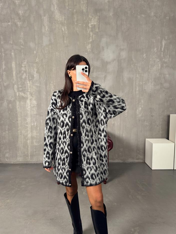Wud Siyah Leopar Desenli Hırka