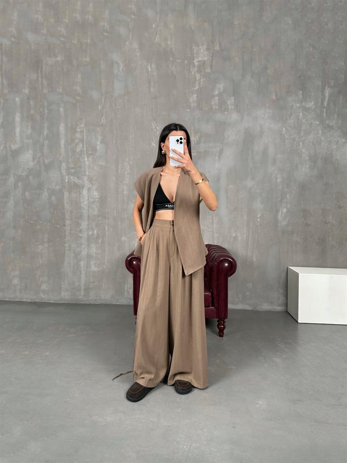 Kely Vizon Astarlı Kuşaklı Yelek Pantolon Keten Takım 