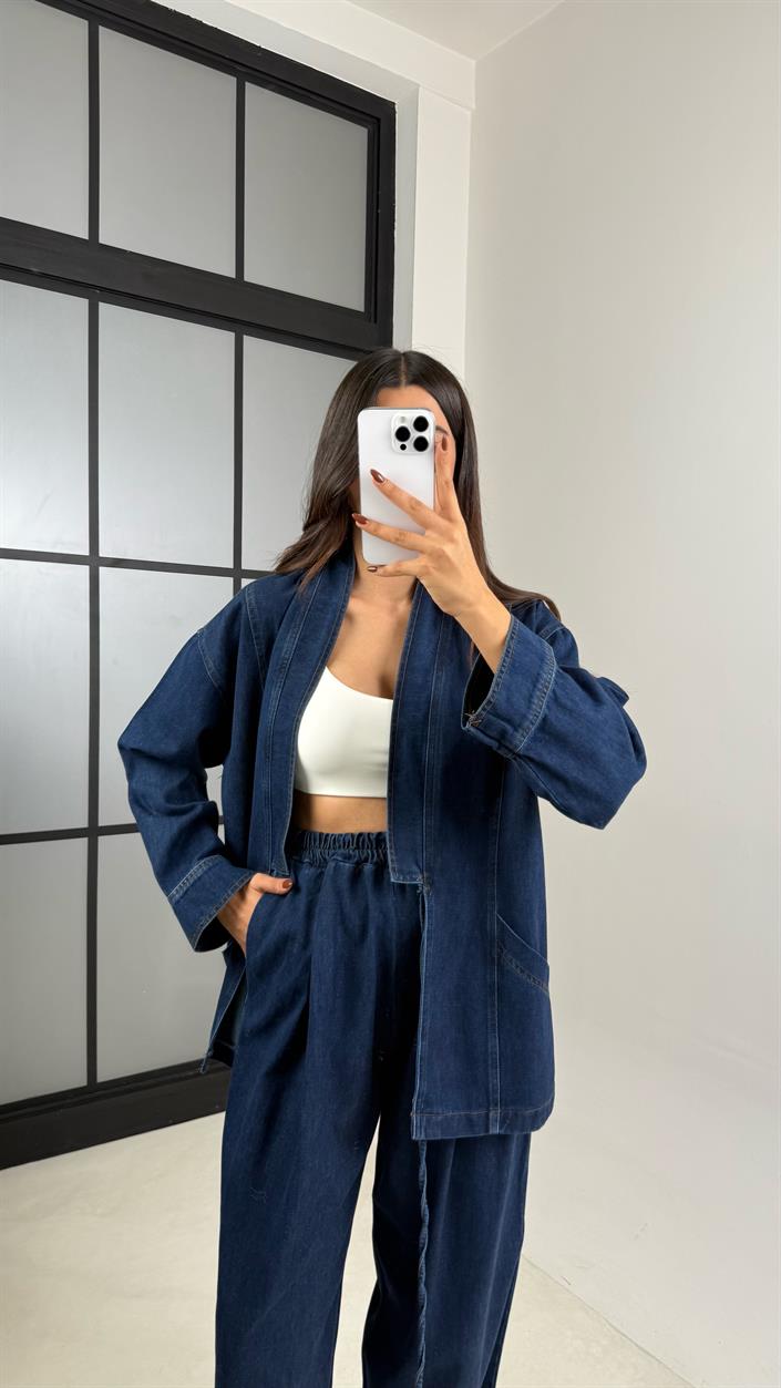 Lacivert Yandan Bağlama Detaylı Cepli Ceket Pantolon İkili Denim Takım GAUS-00446