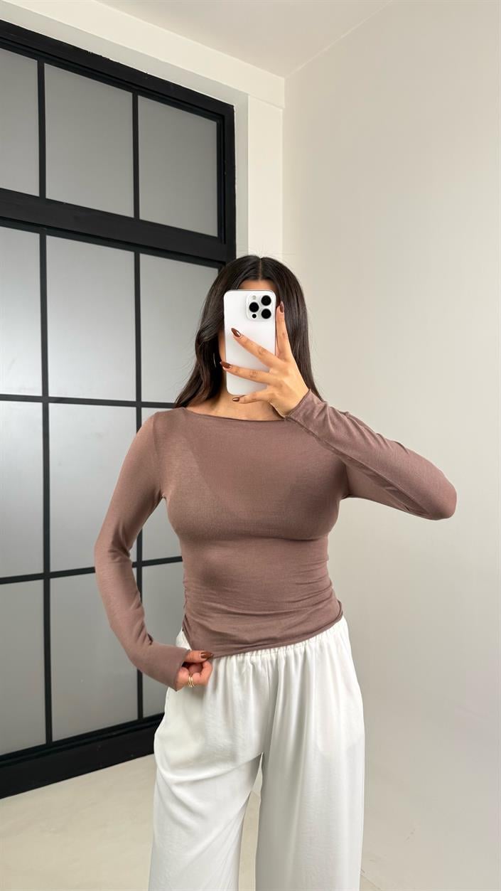Kahve Kayık Yaka Muadil Kaşmir Dokulu Transparan Bluz GAUS-00455