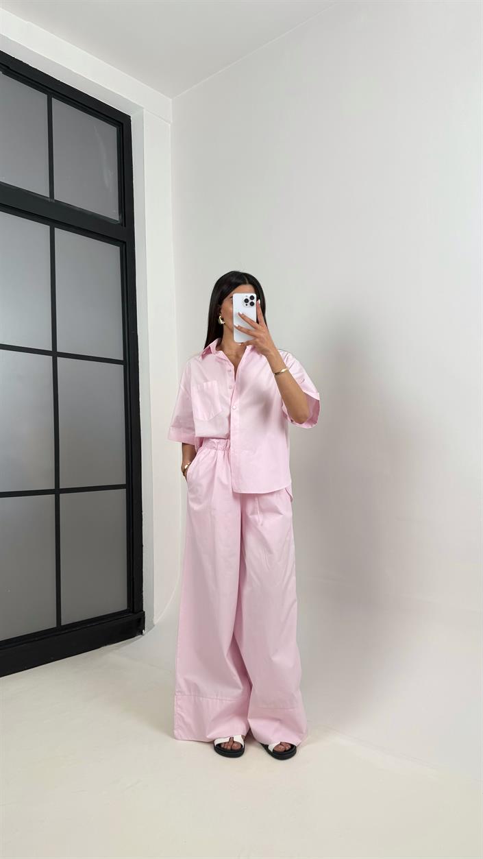 Pembe Yarım Kol Cepli Gömlek Beli Lastikli Pantolon Yarım Astarlı Pamuk Karışımlı Takım Gaus00356  